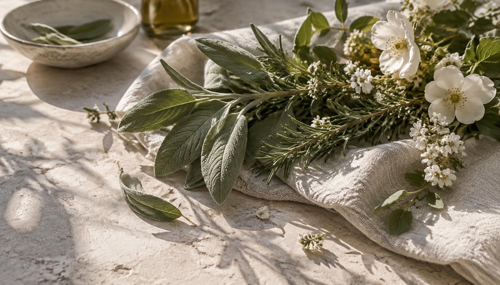Fresh sage, rosemary and white flowers on linen in soft sunlight
